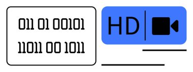 HD video simgesiyle eşleştirilmiş ikili kod kutusu dijital bilgi, programlama ve ortam kalitesini ön plana çıkarıyor. Teknoloji yeniliği, veri bilimi, akış, kodlama, yüksek çözünürlüklü konsept, gelecek için ideal