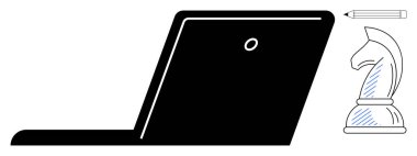 Satranç şövalyesi ve kalem dışında dizüstü bilgisayar strateji, karar verme, yaratıcılık ve planlama. İş dünyası, liderlik, yenilik, eğitim, teknoloji yönetimi için ideal başarı