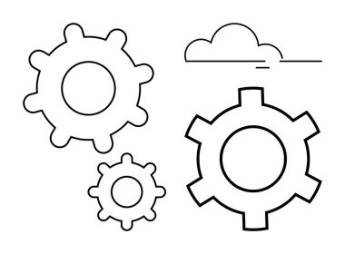 Üç birbirine bağlı vites ve minimum bulut işbirliği, mekanik ve yaratıcılığı gösteriyor. Takım çalışması, süreç, yenilik, teknoloji, endüstri, planlama ve basit bir iniş sayfası için ideal