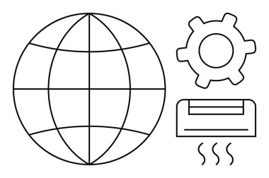 Enlem çizgileri, teçhizat sembolü ve ısı dalgalı ısıtıcı, yenilik, iklim teknolojisi ve küresel bağlantıyı temsil ediyor. Çevre, enerji, sürdürülebilirlik ve mühendislik için ideal