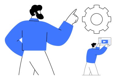 Kendine güvenen bir adam bir vites simgesini işaret ediyor, süreci ya da stratejiyi sembolize ediyor, elinde video tutan bir figürle. Takım çalışması, liderlik, strateji, süreç, medya ve iş planlama için ideal