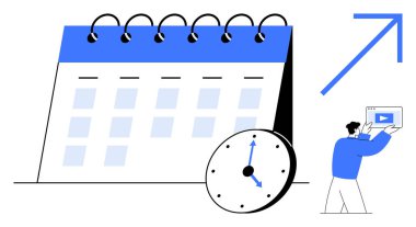 Zaman düzenini gösteren takvim, analitik kartı tutan adam, ilerlemeyi sembolize eden ok. Zamanlama, zaman planlama, strateji geliştirme, üretkenlik, büyüme zihniyeti, görev