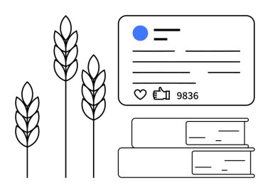 Buğday sapları, başparmaklı sosyal medya kartı, yorumlar ve istiflenmiş kitaplar. Tarım, eğitim, sosyal medya, analitik, sürdürülebilirlik, topluluk ve basit iniş sayfası için ideal