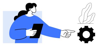 Bir dişliye tablet tutan kadın ve bitki yetiştirme, ilerleme, yenilik ve takım çalışması. Büyüme stratejisi, süreç tasarımı, proje yönetimi, takım çalışması, teknoloji geliştirme, çevre dostu