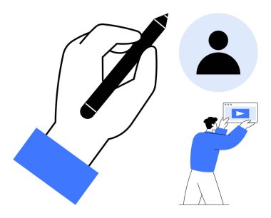 El ele tutuşan kalem, küçük ekranda video gösteren şahıs ve dairesel profil simgesi. Yaratıcılık için ideal, dijital içerik, eğitim, sunumlar, tasarım iş akışı, pazarlama ve basit