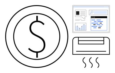 Çemberin içinde dolar işareti, analitik dijital rapor ve ısı dalgaları yayan klima ikonu. Finans, teknoloji, veri analizi, maliyet verimliliği, iklim sistemi çözümleri için ideal