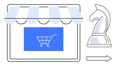 Alışveriş vitrininde el arabası işareti, strateji için satranç şövalyesi ve yön için ok. İş, strateji, pazarlama, e-ticaret, planlama için ideal, çevrimiçi alışveriş dairesi basit