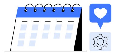 Vurgulanmış tarihli spiral takvim, nişan öneren kalp tebligatı ve ayarlar için vites sembolü. Zaman yönetimi, etkinlik planlaması, hatırlatıcılar, öncelikler, kişiselleştirme için ideal