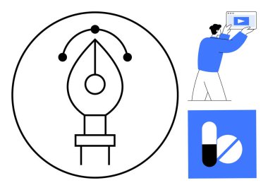 Yaratıcılığı sembolize eden kalem aracı, video küçük resim tutan kişi ve tıp ikonu. Tasarım eğilimleri, dijital içerik, sağlık teknolojisi, kullanıcı arayüzü, yaratıcılık ve markalaşma için ideal