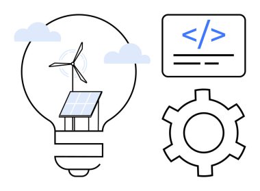 Rüzgar türbini ve güneş paneli olan ampul, kodlama etiketi, dişli tekerlek ve bulutlar. Sürdürülebilirlik için ideal, yenilenebilir enerji, teknoloji, yenilik, mühendislik kodlama basit iniş sayfası