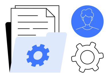 Dişli simgesi, kağıt yığını, kullanıcı profili çemberi ve dişli ana hatlı klasör. Çalışma akışı, dosya yönetimi, otomasyon, kullanıcı ayarları, organizasyon yazılım araçları için ideal basit metafor