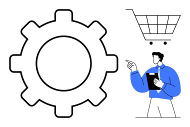 İşlem için büyük dişli sembolü, elinde pano olan bir adam alışveriş arabasını işaret ediyor. İş için ideal, e-ticaret, takım çalışması, optimizasyon, strateji, teknoloji, düz basit metafor