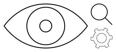 Büyüteç ve dişli ikonu ile özetlenmiş göz grafiği görüş, araştırma, odaklanma, strateji, teknoloji, yenilik ve analiz temaları iletir. UX tasarımı için ideal, araştırma projeleri görsel