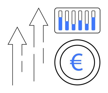Yükselen oklar, ilerleme çubuklu çubuk grafik, mali başarıyı gösteren Euro para simgesi. Finans, iş büyümesi, ekonomik eğilimler, yatırım, analiz, para birimi sade iniş için ideal