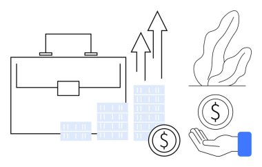 Evrak çantası, madeni paralar, büyüyen ok grafikleri ve para, yatırım, finans ve büyümeyi gösteren dekoratif bitki. İş ve ekonomi stratejisi için ideal girişim karlılık tasarrufu ve basit