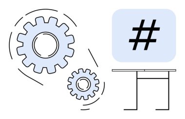 Bir ekranın yanında birbirine bağlı iki vites, takım çalışmasını, işlem otomasyonunu ve dijital ağı sembolize eden bir üstveriyi gösteriyor. Yenilik, eğilimler, sistemler, sosyal medya için ideal