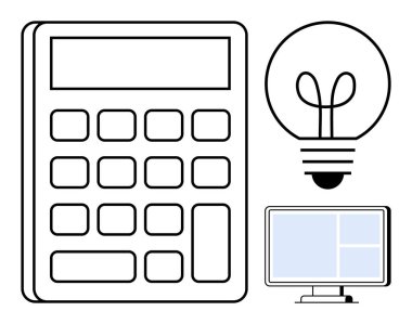 Hesap makinesi, parlak ampul ve bilgisayar monitörleri fikirleri, problem çözmeyi, teknolojiyi ve verimliliği sembolize ediyor. Eğitim, iş, yenilik, planlama ve yaratıcı kavramlar için ideal