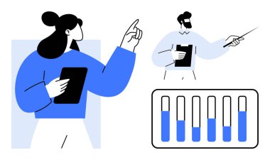 Çizelge ve belgelerle etkileşim halinde olan iki profesyonel, eğilimleri analiz ediyor ve bilgi paylaşıyor. Takım çalışması, işbirliği, analitik, strateji, eğitim, iletişim, basit iniş için ideal