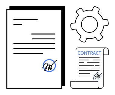 İmzalı kağıt, imzalı sözleşme, vites sembolü. İş, anlaşma, yasal süreç, iş akışı, organizasyon finans işbirliği için idealdir. Düz basit metafor