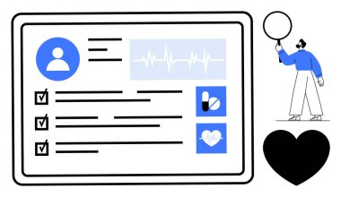 Kullanıcı bilgilerini içeren dijital sağlık profili, yaşam belirtileri, ilaçlar, kalp monitörü ikonu, konuşma balonu tutan kişi. Sağlık hizmetleri, teletıp, sağlık, teşhis kayıtları için ideal