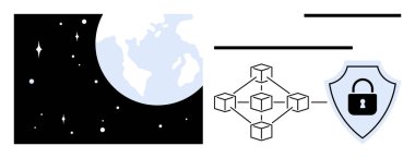 Yıldızlı dünya, engelleme ağı şeması, küresel veri güvenliğini gösteren kalkan kilidi simgesi. Teknoloji, siber koruma, yenilik, küresel bağlantı, ademi merkeziyet, mahremiyet için ideal