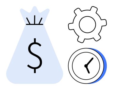 Dolar işaretli çanta, çark ve saat mali büyümeyi, verimliliği ve zaman organizasyonunu gösteriyor. İş, ekonomi, yatırım, verimlilik yönetimi iş akışı planlama için ideal