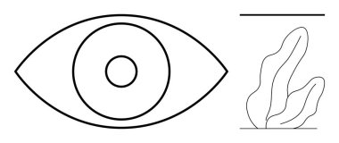 Yan tarafında soyut yaprak-başparmak şekilleriyle eşleştirilmiş büyük, minimal bir göz çizgisi. Vizyon, yaratıcılık, gözlem, minimalizm, soyut sanat, modern tasarım, basit iniş sayfası için ideal