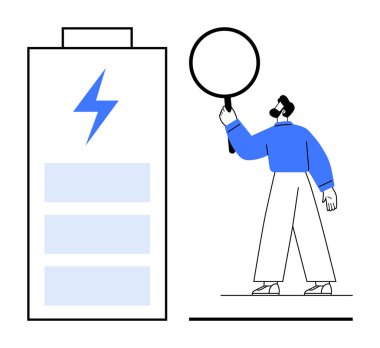 Elinde büyüteç tutan bir adam mavi yıldırım sembollü büyük bataryayı inceliyor. Enerji yönetimi, sürdürülebilirlik, yenilik, güç analizi, teknoloji kavramları, verimlilik araçları için ideal