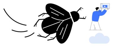 Dijital medya ekranını elinde tutan minimal bir figürün yanında uçan dev siyah böcek. Teknoloji, doğa, ölçek karşılaştırması, yaratıcı karşıtlık, yenilik, medya, basit iniş sayfası için ideal