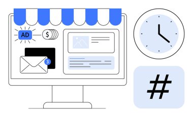 Çevrimiçi reklamları olan masaüstü monitörü, e-posta bildirimi, sosyal medya meta veri etiketi, bozuk paralar ve saat. Basit pazarlama, zaman yönetimi, iş büyümesi, markalaşma sosyal platformları için ideal