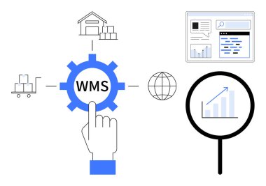 WMS etiketli, işaret eden el, depo, kamyon, küre, verili ekran ve büyütülmüş grafik simgeleri. Lojistik için ideal, otomasyon envanter tedarik zinciri analitik teknolojisi ve basit