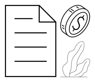 Bir dolar işareti ve minimalist bitki grafikleriyle birlikte içeriği temsil eden çizgilere sahip belge. Finans, bütçe, planlama, yatırım, sözleşmeler, muhasebe, tasarruflar için ideal