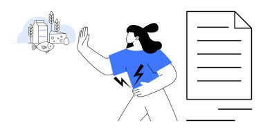 Alerjik gıdalardan yüz çeviren kadın midesini tutarken balık, süt ve buğdayı parmakla parmakla gösteriyor. Beslenme, alerji, diyet, gıda hoşgörüsüzlüğü, sağlık tavsiyesi, eğitim ve farkındalık için ideal