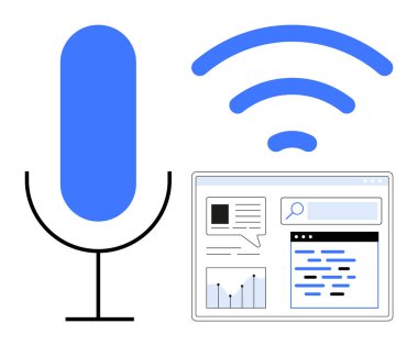 Mikrofon, kablosuz sinyal ve analitik görsellerle web sayfası arayüzü, arama çubuğu ve metin kullanılabilirliği, teknolojik çözümler ve veri erişimini tartışıyor. Yapay zeka ve ses kontrol podcastları için ideal