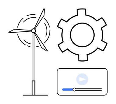 Rüzgar türbini enerji üretiyor, yeniliği sembolize eden büyük vites, eğitim için video oynatıcı arayüzü. Yenilenebilir enerji, teknoloji, yenilik, sürdürülebilirlik, mühendislik ve eğitim için ideal