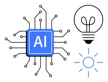 Devrelerle bağlantılı yapay zeka çipi, fikirleri sembolize eden ampul ve yenilik öneren parlak ışınlar. Teknoloji için ideal, yapay zeka, yenilik, yaratıcılık, gelecekçilik