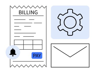 Ödeme düğmeli fatura, bildirim simgesi, ayarları temsil eden dişli ve iletişim için zarf. Finans, hatırlatmalar, otomasyon, alarmlar, e-posta planlaması için ideal