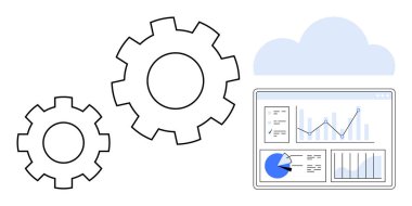 Veri panelinin üzerinde grafik, grafik ve analizi gösteren ikonlar ve bulut var. Teknoloji, bulut hesaplama, veri yönetimi, otomasyon, uygulama geliştirme, iş akışı basit iniş sayfası için ideal