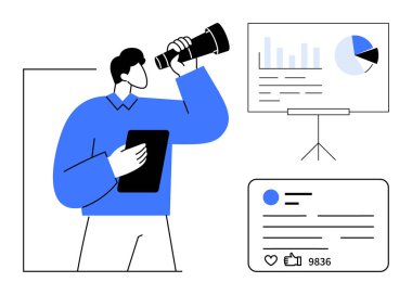 Bir çizelge ve metriklerle desteklenen büyüme eğilimlerini analiz etmek için bir teleskop ve tablet kullanan bir adam. Analiz, strateji, büyüme, yönetim, iş planlaması, pazarlama, basit iniş sayfası için ideal