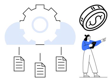 Bulutun üzerindeki vites sembolü depolama ve bütünleşmeyi temsil eden belgelere bağlanıyor. Kadın vurgu için puan, para maddi etkiyi sembolize eder. Finans, veri yönetimi ve bulut için ideal