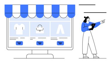 Tableti işaret eden çevrimiçi mağaza ürünleri ve alışveriş arabası simgeleriyle masaüstü ekranı. E-ticaret, çevrimiçi alışveriş, dijital pazarlama, perakende, müşteri deneyimi, satış, basit