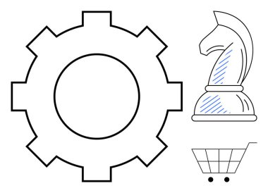 Dişlileri sembolize etme süreci, strateji için şövalye satranç taşı, ve ticaret için alışveriş arabası. Yönetim, iş, planlama, perakende satış, karar verme verimliliği için idealdir. Düz basit