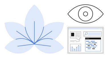 Soyut mavi çiçek, geometrik göz sembolü, grafik ve içerik bloklu veri paneli. Teknoloji, veri görselleştirme, farkındalık, gözlem, analitik, yenilik için ideal