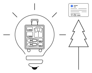 Seyahat ve organizasyonu temsil eden valizli ampul, çevrim içi ilişki için sosyal medya paylaşımını sembolize eden ağaç. Seyahat, yaratıcılık, eko-turizm, minimalizm ve içerik için ideal