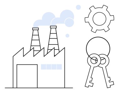 Dumanı tüten bacaları, teçhizatı ve anahtarları olan bir fabrika. Sanayi, üretim, otomasyon, güvenlik, sanayi büyümesi, teknoloji entegrasyonu ve basit iniş sayfası için ideal