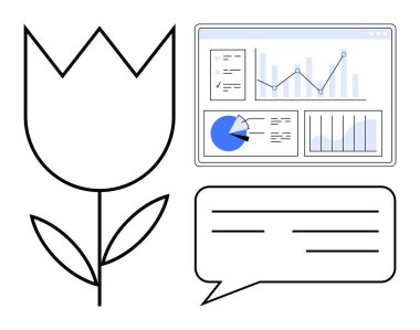 Çiçek taslağı, grafikleri ve grafikleri olan analitik gösterge paneli, konuşma baloncuğu içinde metin. İş, sunum, iletişim, yaratıcılık, doğadan esinlenilmiş içerik, basit iniş için ideal