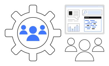 Kullanıcı simgeleri, veri gösterge paneli ve grup görsellerine sahip dişliler takım çalışması, analitik ve sistem yönetimini vurguluyor. İş planlaması, proje işbirliği, sistem optimizasyonu, verimlilik için ideal