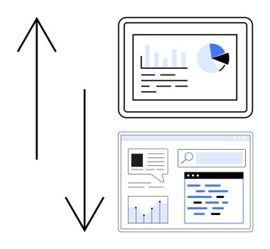 Analitik çizelgeleri gösteren iki dijital ekran ve yukarı ve aşağı yönleri gösteren oklarla arama içeriği. Veri analizi, navigasyon, web geliştirme, UIUX, dijital için ideal