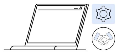 Dizüstü bilgisayar tarayıcı penceresi, ayarlar teçhizatı ve el sıkışma simgesi vurgulama takım çalışması, özelleştirme, çevrimiçi araçlar, iş ortaklıkları, yazılım entegrasyonu, istemci iletişimi, basit iniş