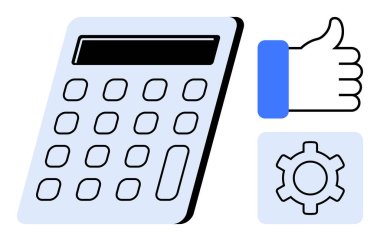 Hesap makinesi, baş parmak işareti ve dişli simgesi hesaplamayı, verimliliği, olumlu geri bildirimi ve ayarları simgeler. Finans araçları, karar verme ve iş akışı hedefi belirleme süreçleri için ideal